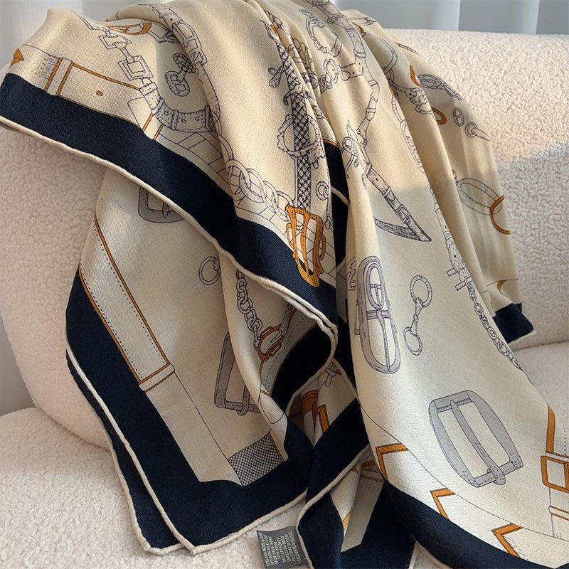 Silk Wool Scarf Shawl 53"x53" 135x135cm, Beige Equestrian Horse Scarf Large Square, Quiet Luxury Oversized Wrap, Warm Winter Shawl