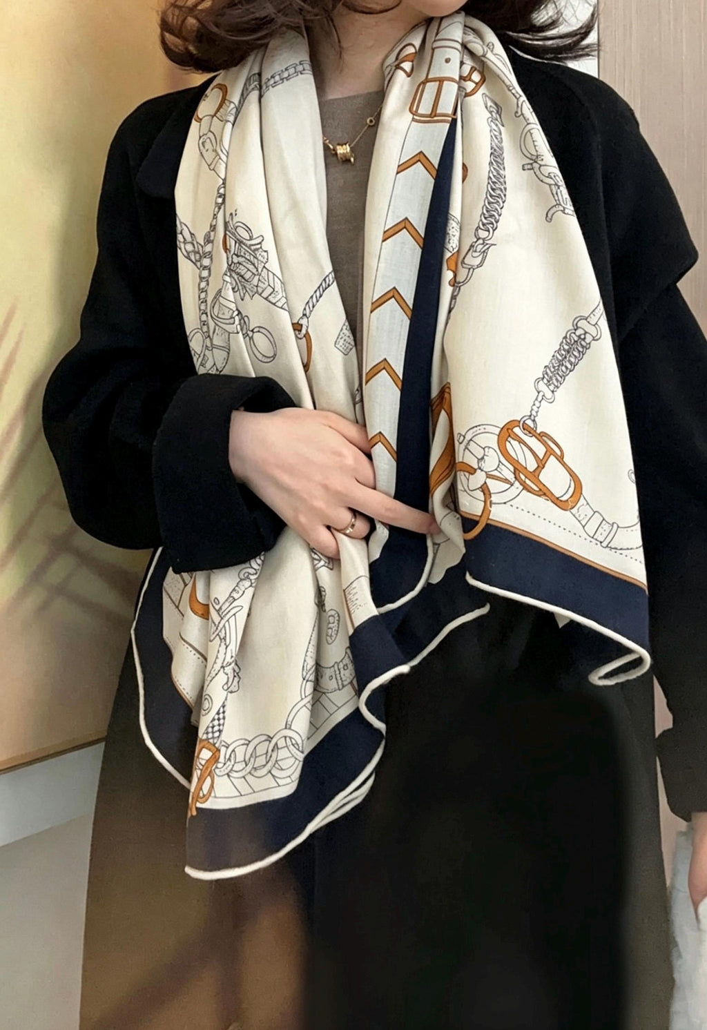 Silk Wool Scarf Shawl 53"x53" 135x135cm, Beige Equestrian Horse Scarf Large Square, Quiet Luxury Oversized Wrap, Warm Winter Shawl
