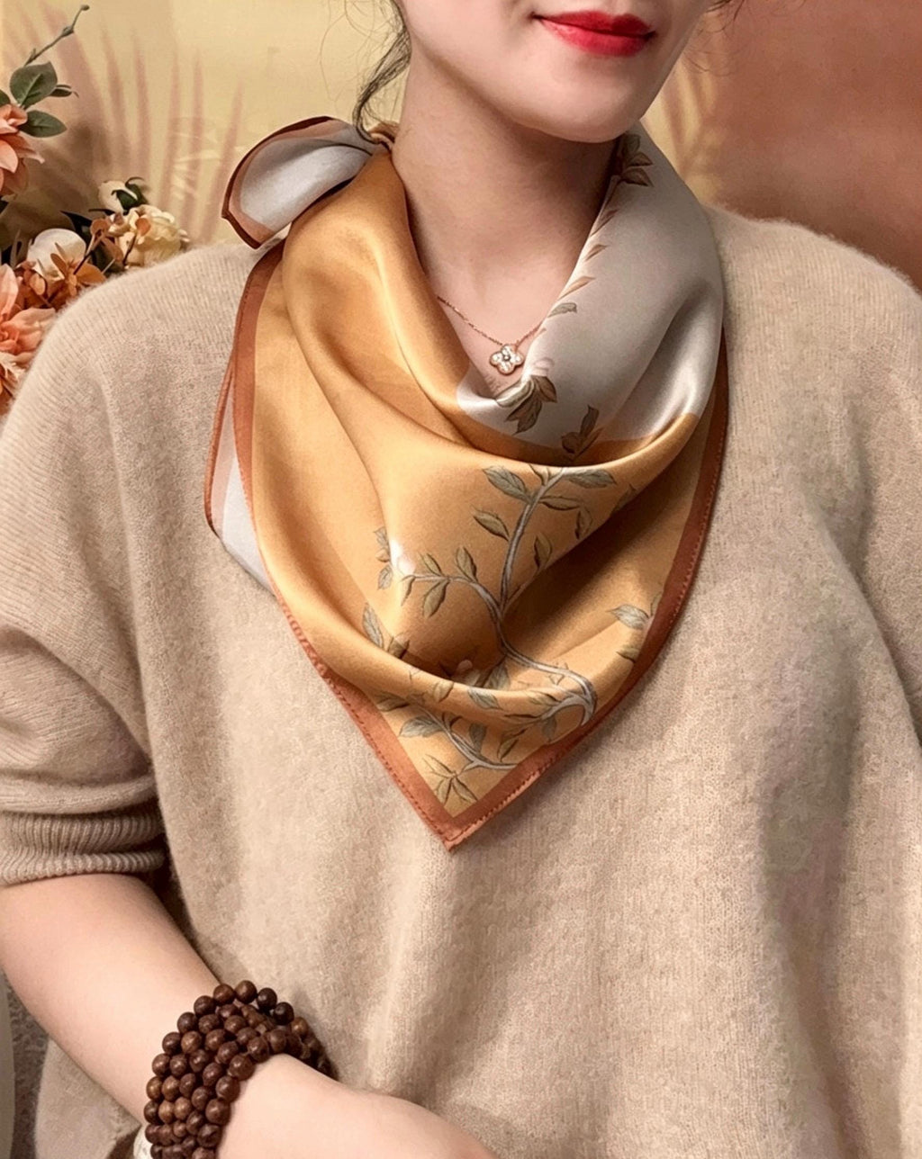 100% Mulberry Silk Scarf 26"x26" 65x65cm, Pastel Floral Silk Neck Scarf, Quiet Luxury Silk Bandana, Elegant Silk Neckerchief, Gift for Her