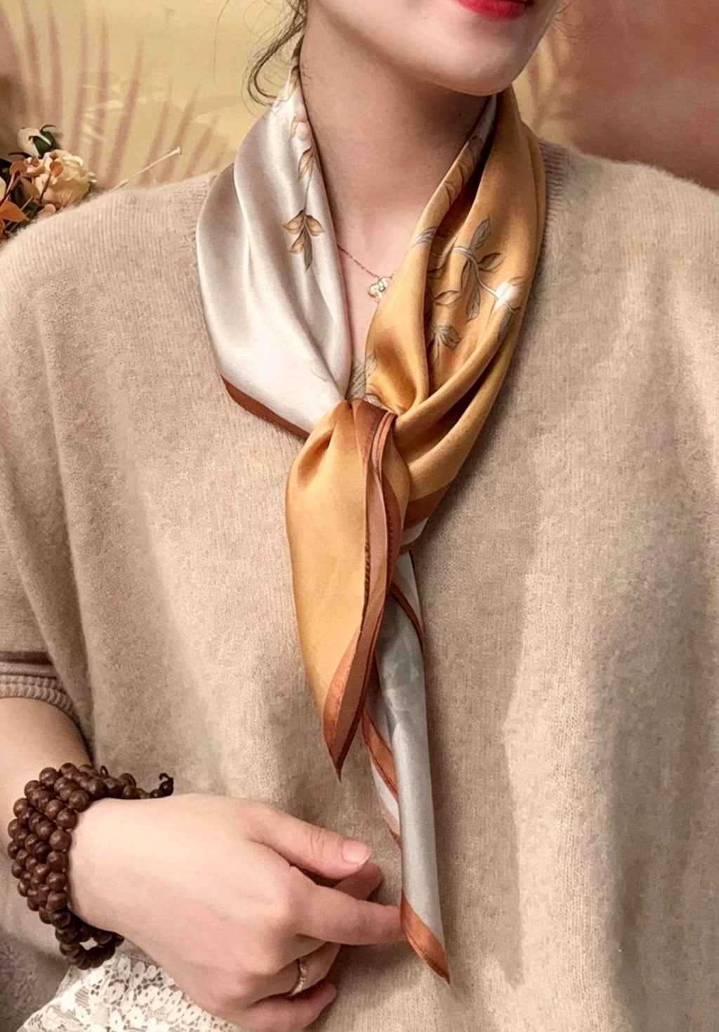 100% Mulberry Silk Scarf 26"x26" 65x65cm, Pastel Floral Silk Neck Scarf, Quiet Luxury Silk Bandana, Elegant Silk Neckerchief, Gift for Her