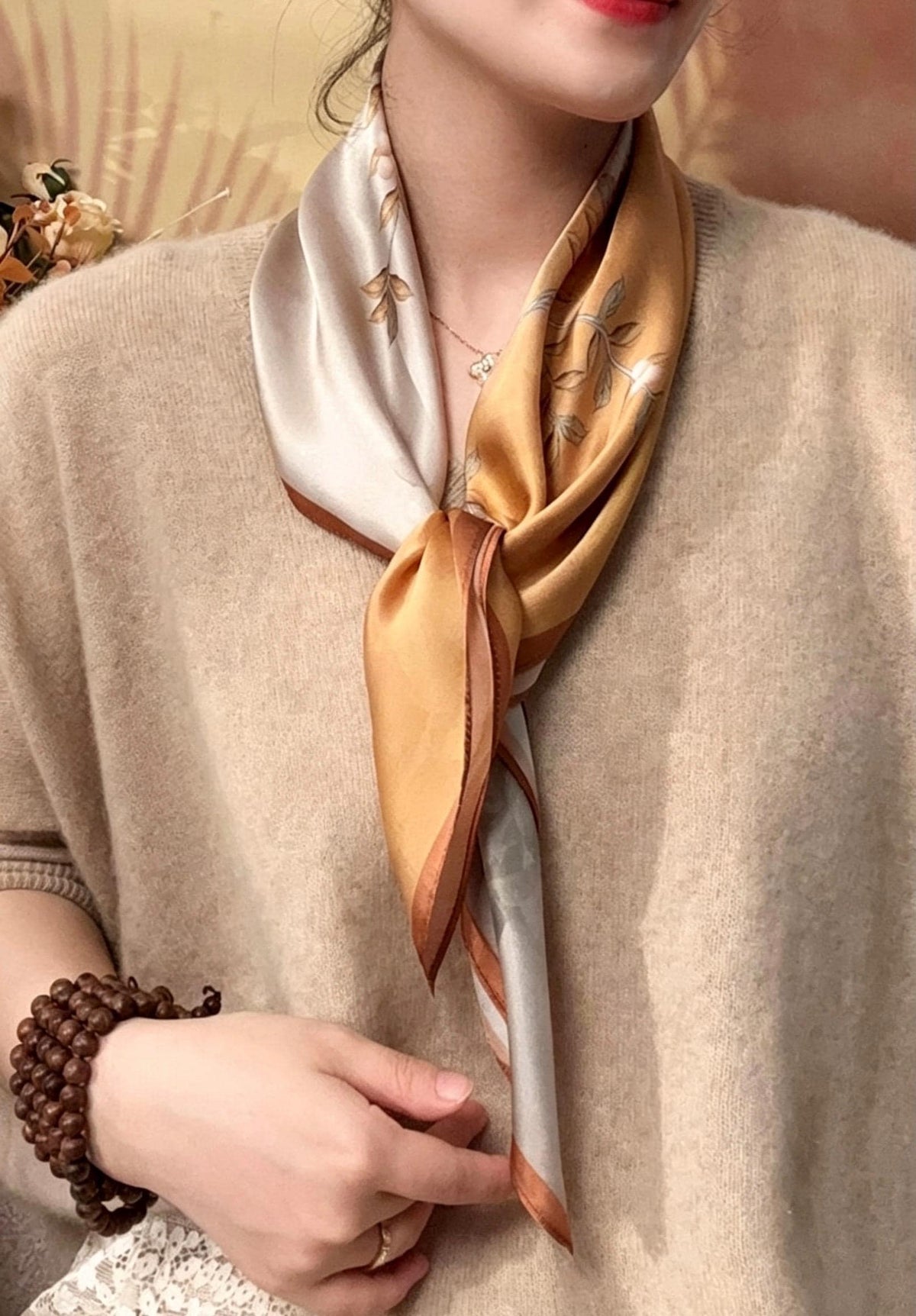 100% Mulberry Silk Scarf 26"x26" 65x65cm, Pastel Floral Silk Neck Scarf, Quiet Luxury Silk Bandana, Elegant Silk Neckerchief, Gift for Her