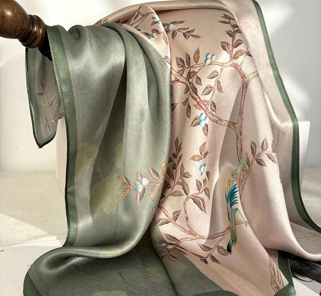 100% Mulberry Silk Scarf 26"x26" 65x65cm, Pastel Floral Silk Neck Scarf, Quiet Luxury Silk Bandana, Elegant Silk Neckerchief, Gift for Her