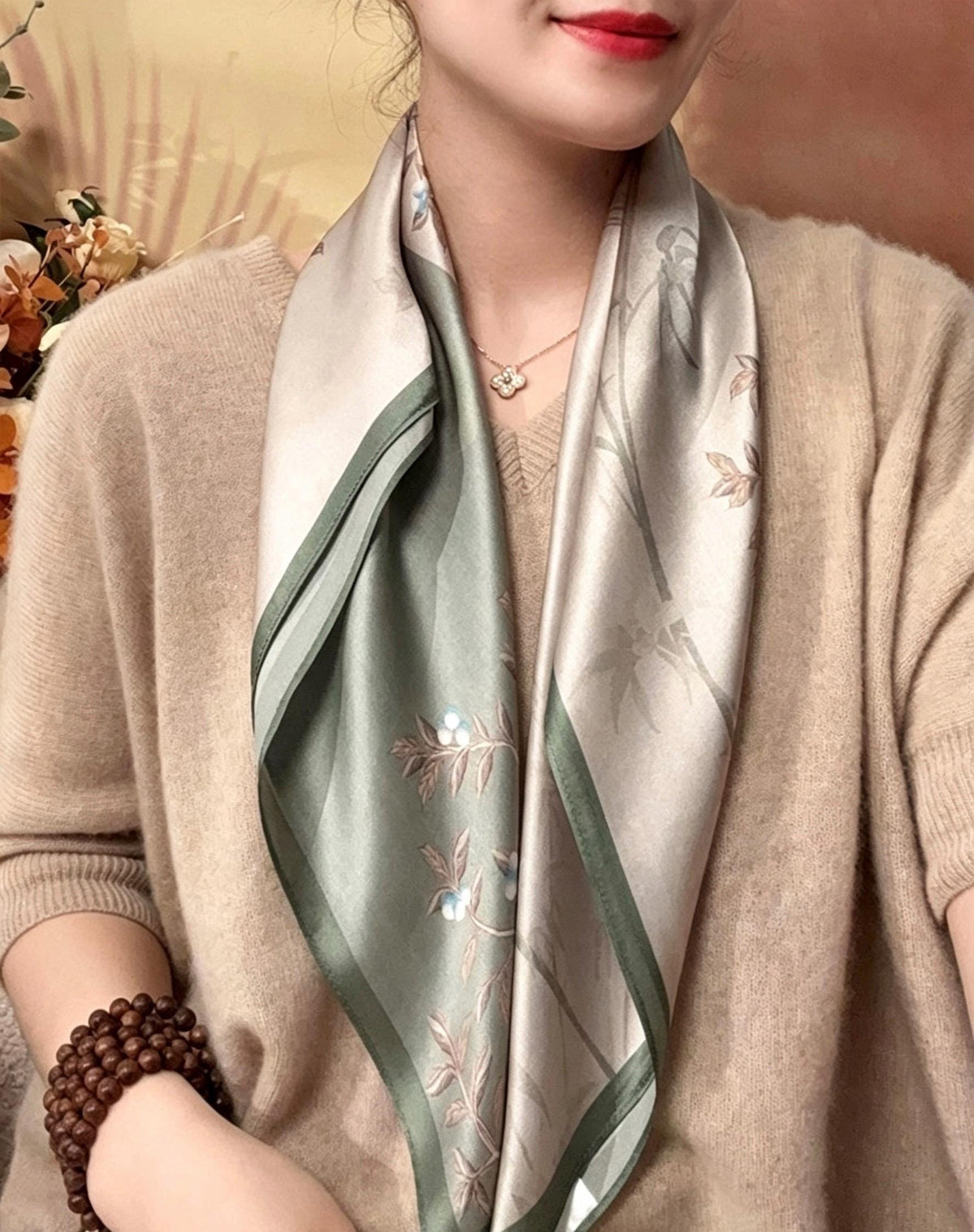 100% Mulberry Silk Scarf 26"x26" 65x65cm, Pastel Floral Silk Neck Scarf, Quiet Luxury Silk Bandana, Elegant Silk Neckerchief, Gift for Her