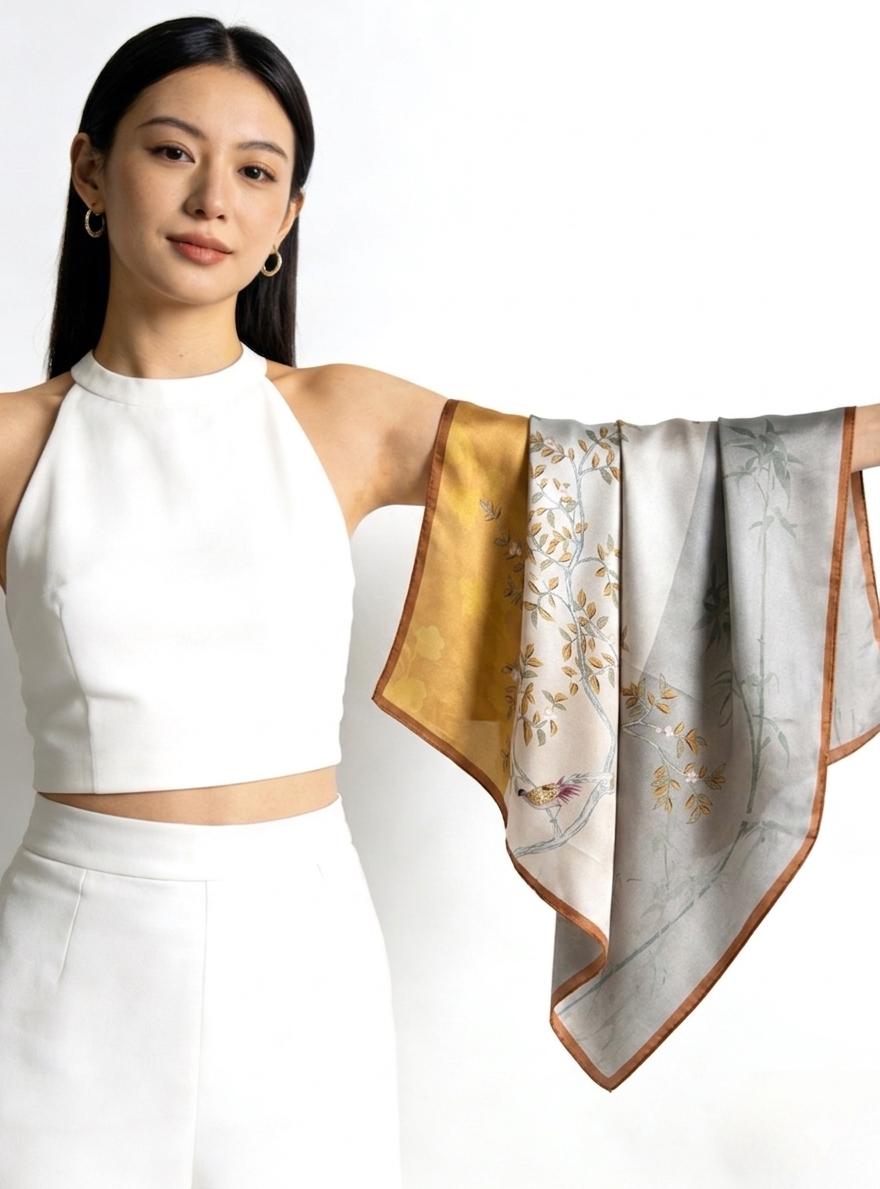 100% Mulberry Silk Scarf 26"x26" 65x65cm, Pastel Floral Silk Neck Scarf, Quiet Luxury Silk Bandana, Elegant Silk Neckerchief, Gift for Her