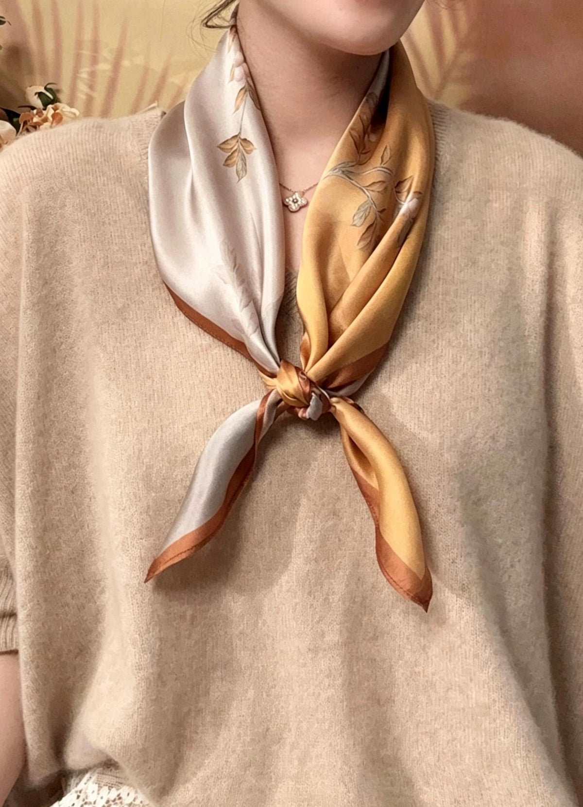 100% Mulberry Silk Scarf 26"x26" 65x65cm, Pastel Floral Silk Neck Scarf, Quiet Luxury Silk Bandana, Elegant Silk Neckerchief, Gift for Her