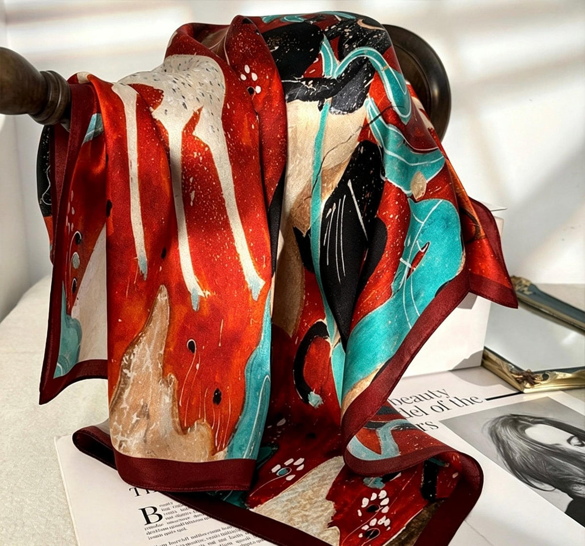 100% Mulberry Silk Scarf 26"x26" 65x65cm, Dunhuang Mural Art Silk Scarf, Vintage Silk Neckerchief, Oriental Silk Bandana Shawl, Gift for Her