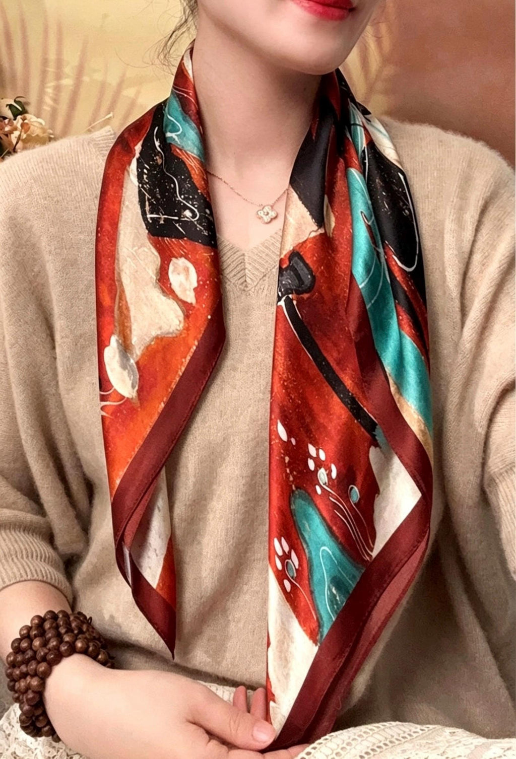 100% Mulberry Silk Scarf 26"x26" 65x65cm, Dunhuang Mural Art Silk Scarf, Vintage Silk Neckerchief, Oriental Silk Bandana Shawl, Gift for Her