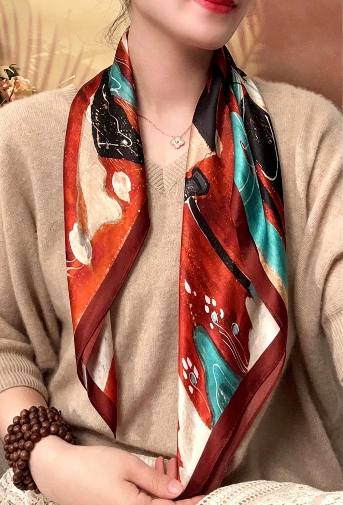 100% Mulberry Silk Scarf 26"x26" 65x65cm, Dunhuang Mural Art Silk Scarf, Vintage Silk Neckerchief, Oriental Silk Bandana Shawl, Gift for Her