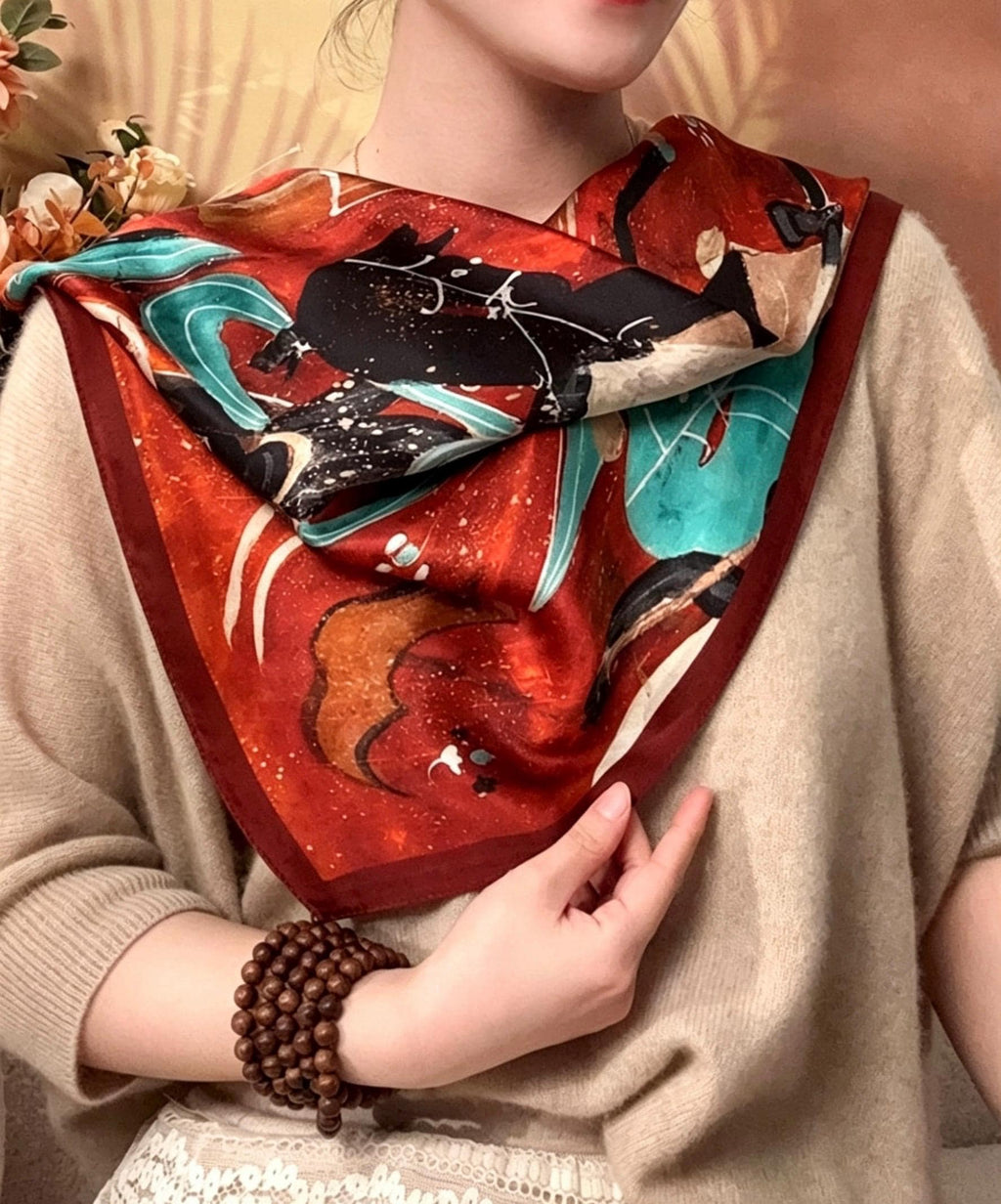 100% Mulberry Silk Scarf 26"x26" 65x65cm, Dunhuang Mural Art Silk Scarf, Vintage Silk Neckerchief, Oriental Silk Bandana Shawl, Gift for Her