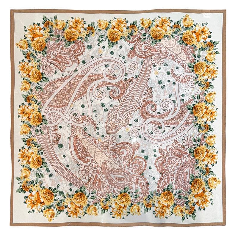 100% Mulberry Silk Scarf 26”x26” 65×65 cm, Vintage Caramel Rose Silk Scarf, Luxury Floral Hair Scarf, Silk Neck Kerchief