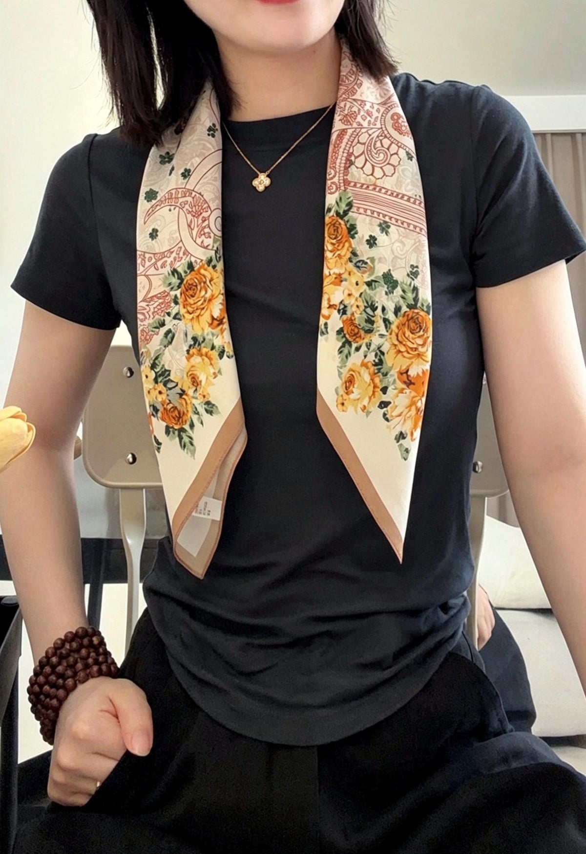 100% Mulberry Silk Scarf 26”x26” 65×65 cm, Vintage Caramel Rose Silk Scarf, Luxury Floral Hair Scarf, Silk Neck Kerchief