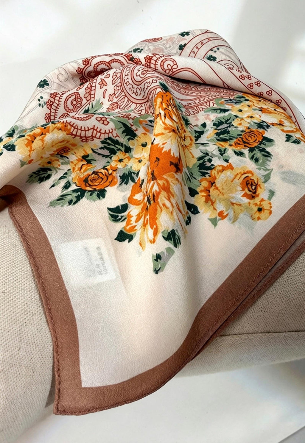 100% Mulberry Silk Scarf 26”x26” 65×65 cm, Vintage Caramel Rose Silk Scarf, Luxury Floral Hair Scarf, Silk Neck Kerchief