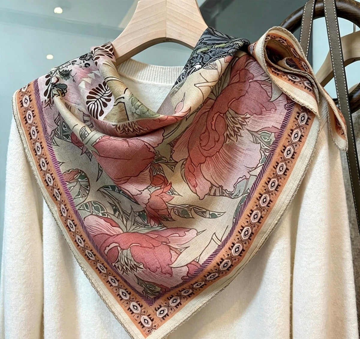 100% Mulberry Silk Scarf 27"x27" 68x68cm, Luxury Lotus Pink Silk Wool Blend Scarf, Elegant Spring Neckwear, Chic French Silk Square