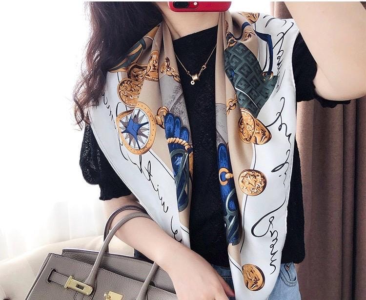100% Mulberry Silk Scarf 35"x35" 88x88cm, Vintage Modern Lady Twill Silk Scarf, Luxury Large Square Shawl, Chic Retro Hair Wrap