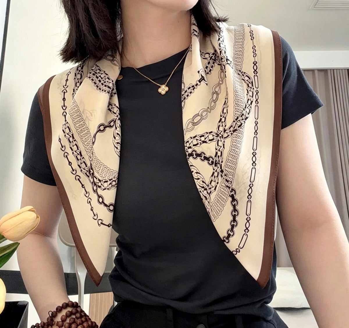 100% Mulberry Silk Scarf 26”x26” 65x65 cm, Vintage Coffee Beige Silk Square, Crepe de Chine Neck Scarf, Retro Spring Summer Bandana Gift