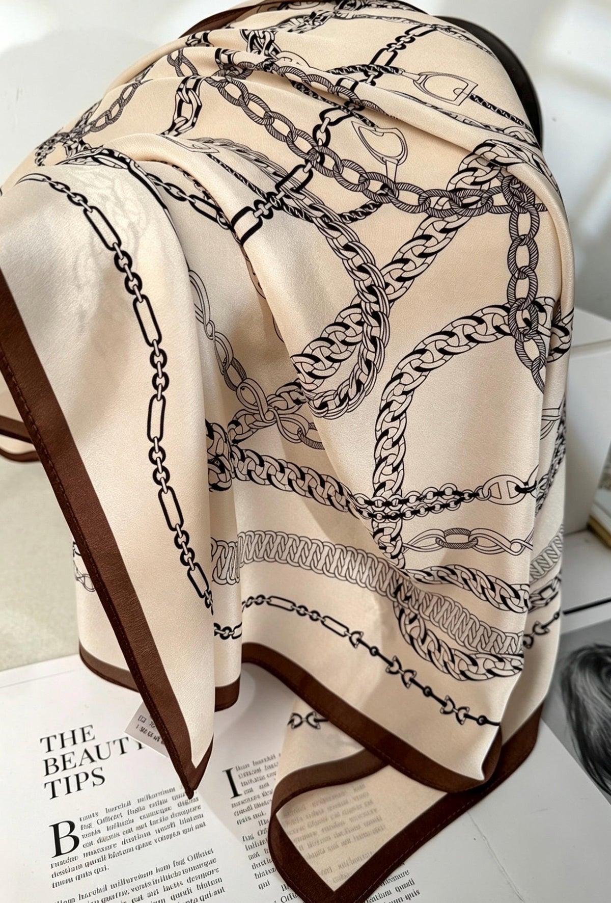 100% Mulberry Silk Scarf 26”x26” 65x65 cm, Vintage Coffee Beige Silk Square, Crepe de Chine Neck Scarf, Retro Spring Summer Bandana Gift