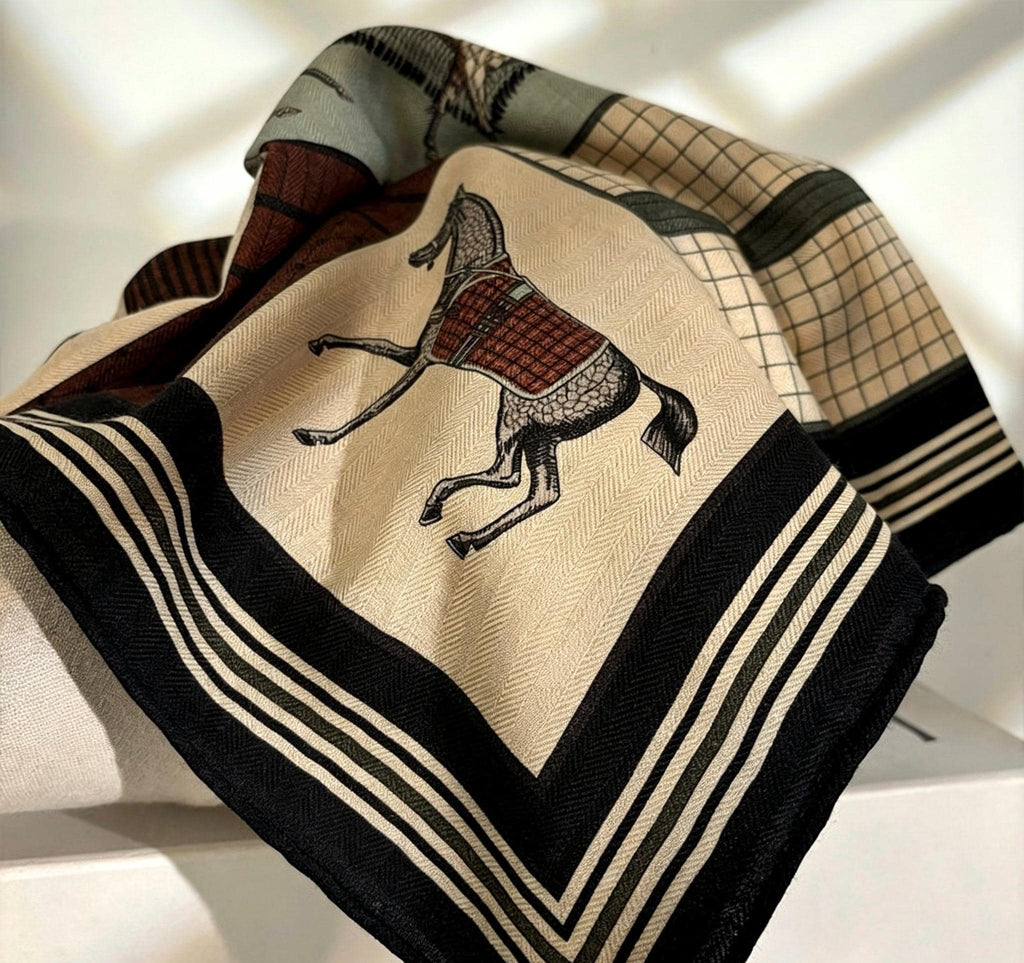 Silk Wool Scarf 27"x27" 68x68cm, Luxury Horse Print Silk Wool Scarf, Double Sided Winter Shawl, Square Bandana Gift for Her