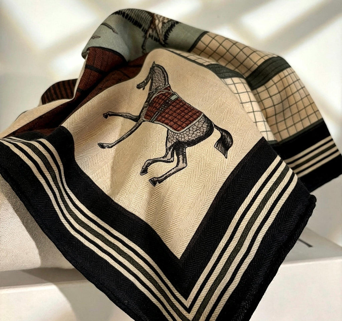 Silk Wool Scarf 27"x27" 68x68cm, Luxury Horse Print Silk Wool Scarf, Double Sided Winter Shawl, Square Bandana Gift for Her