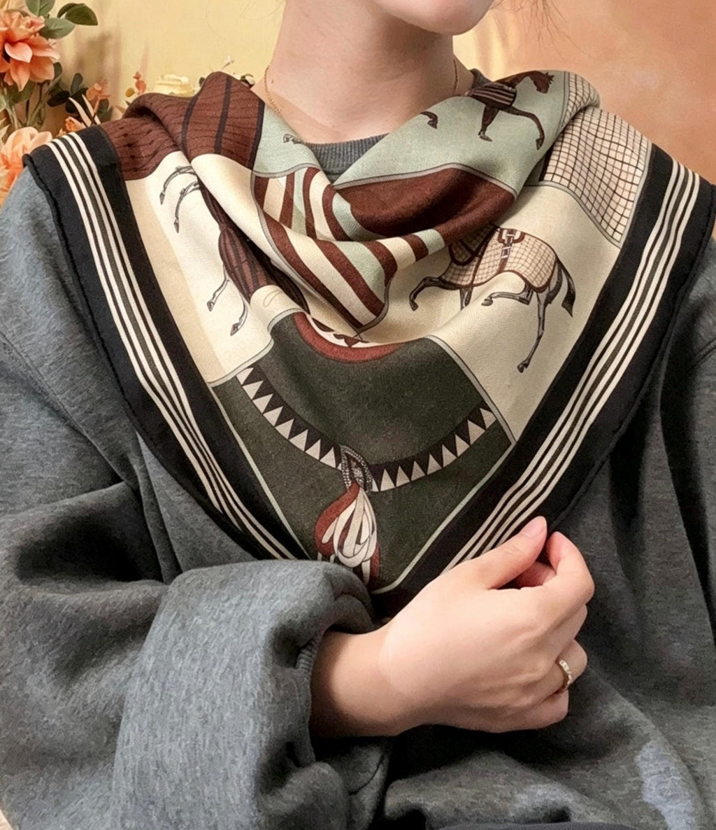 Silk Wool Scarf 27"x27" 68x68cm, Luxury Horse Print Silk Wool Scarf, Double Sided Winter Shawl, Square Bandana Gift for Her