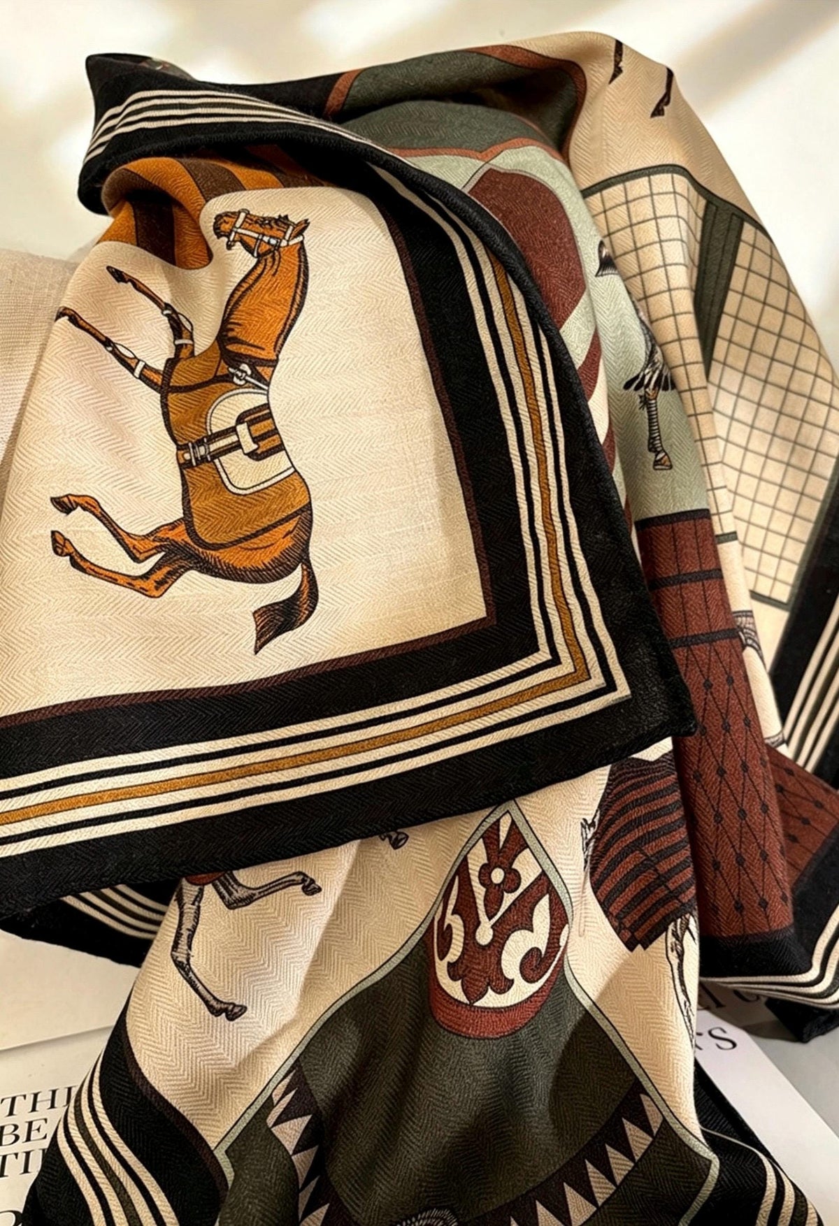 Silk Wool Scarf 27"x27" 68x68cm, Luxury Horse Print Silk Wool Scarf, Double Sided Winter Shawl, Square Bandana Gift for Her