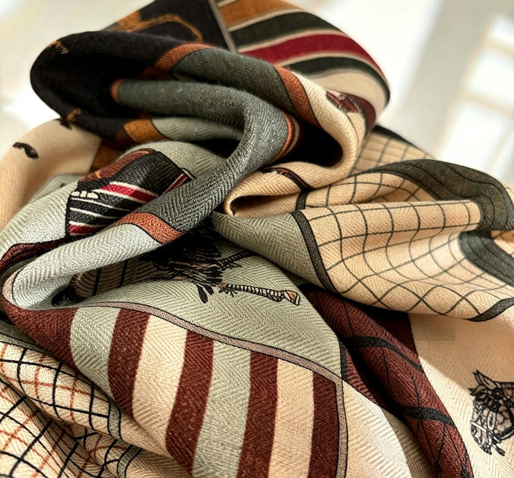 Silk Wool Scarf 27"x27" 68x68cm, Luxury Horse Print Silk Wool Scarf, Double Sided Winter Shawl, Square Bandana Gift for Her