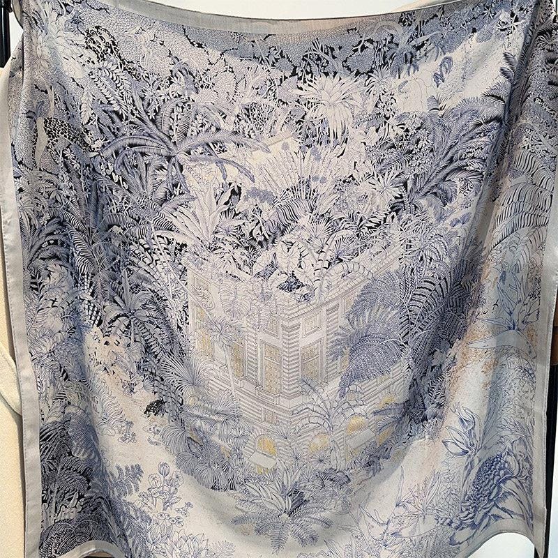 Silk Wool Scarf 53"x53" 135x135cm, Luxury Haze Blue Rainforest Silk Wool Scarf, Large Botanical Shawl, Tropical Wrap Gift for Her