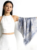 Silk Wool Scarf 53"x53" 135x135cm, Luxury Haze Blue Rainforest Silk Wool Scarf, Large Botanical Shawl, Tropical Wrap Gift for Her