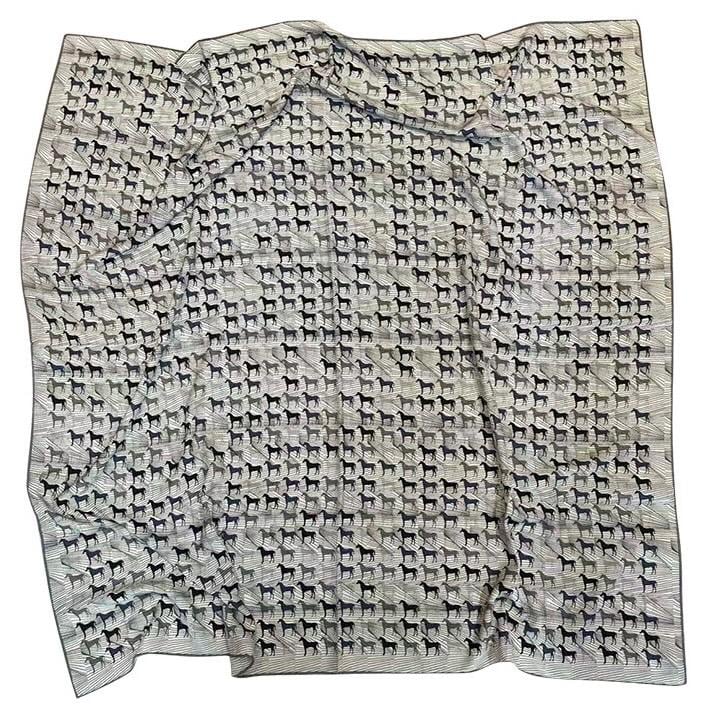 100% Mulberry Silk Scarf 53"x53" 135x135cm, Luxury Gray Equestrian Silk Wool Scarf, Blue Gray Horse Print Shawl, Winter Warm Wrap Gift