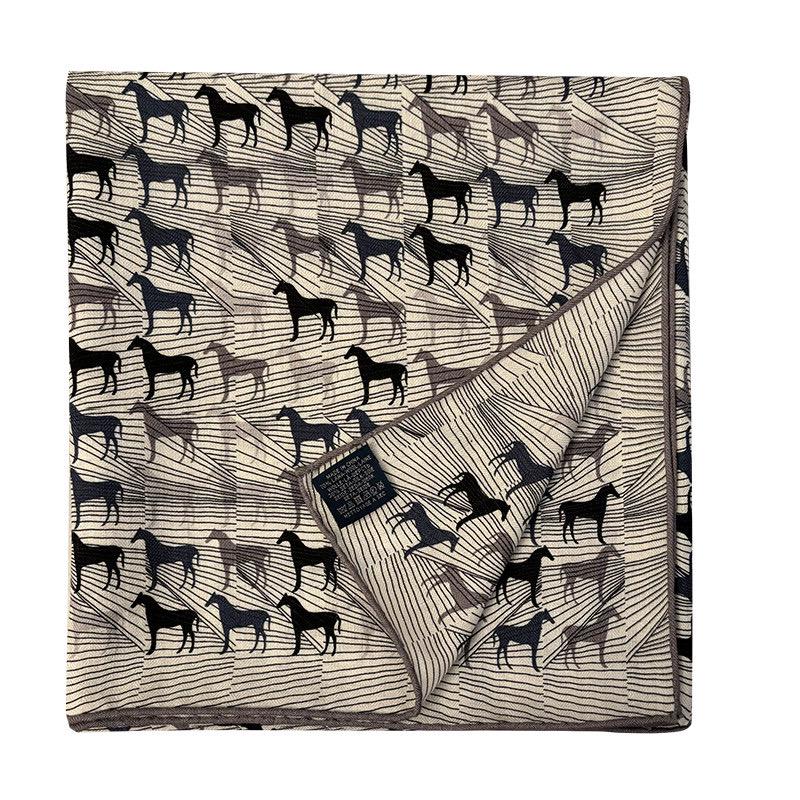 100% Mulberry Silk Scarf 53"x53" 135x135cm, Luxury Gray Equestrian Silk Wool Scarf, Blue Gray Horse Print Shawl, Winter Warm Wrap Gift
