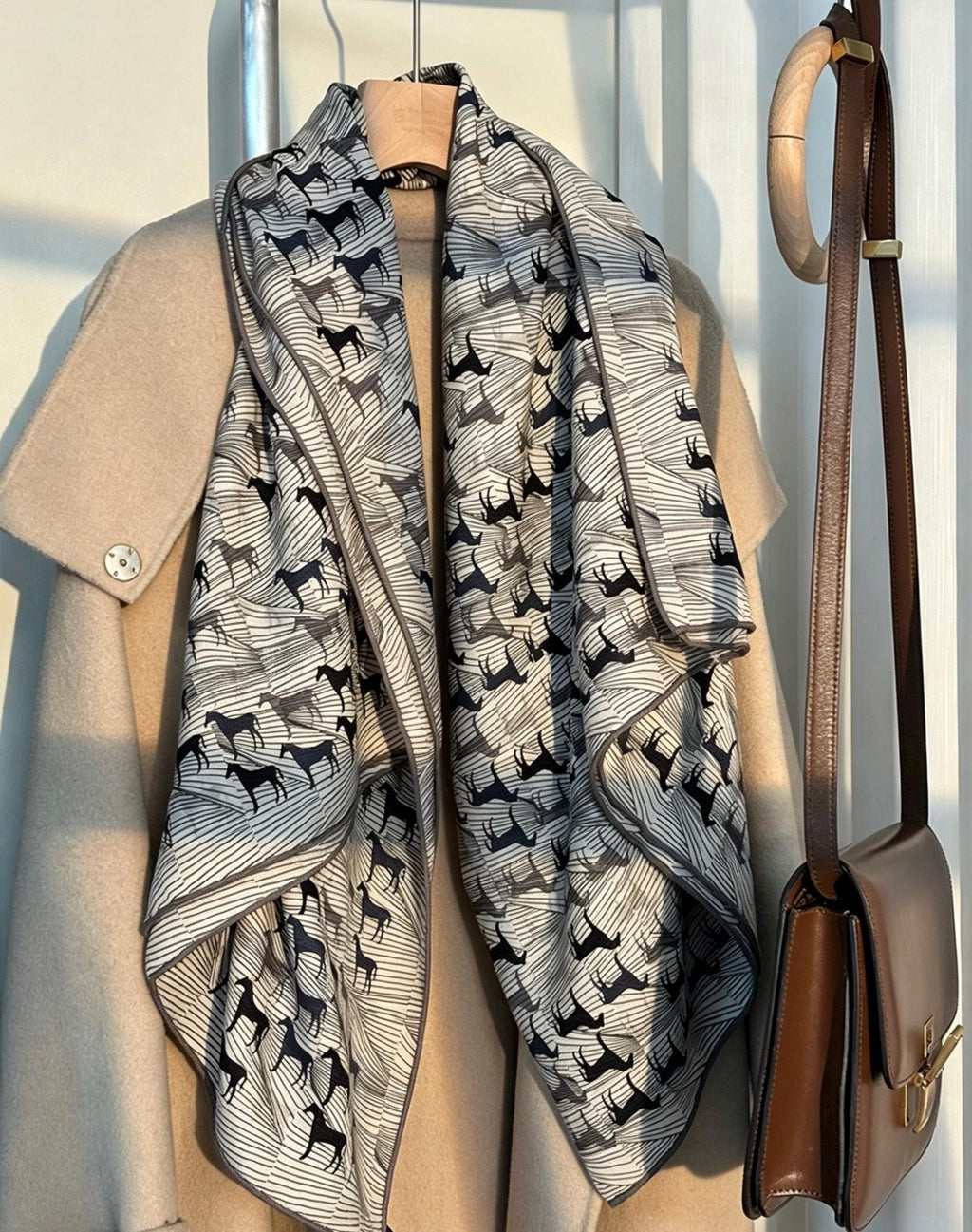 100% Mulberry Silk Scarf 53"x53" 135x135cm, Luxury Gray Equestrian Silk Wool Scarf, Blue Gray Horse Print Shawl, Winter Warm Wrap Gift