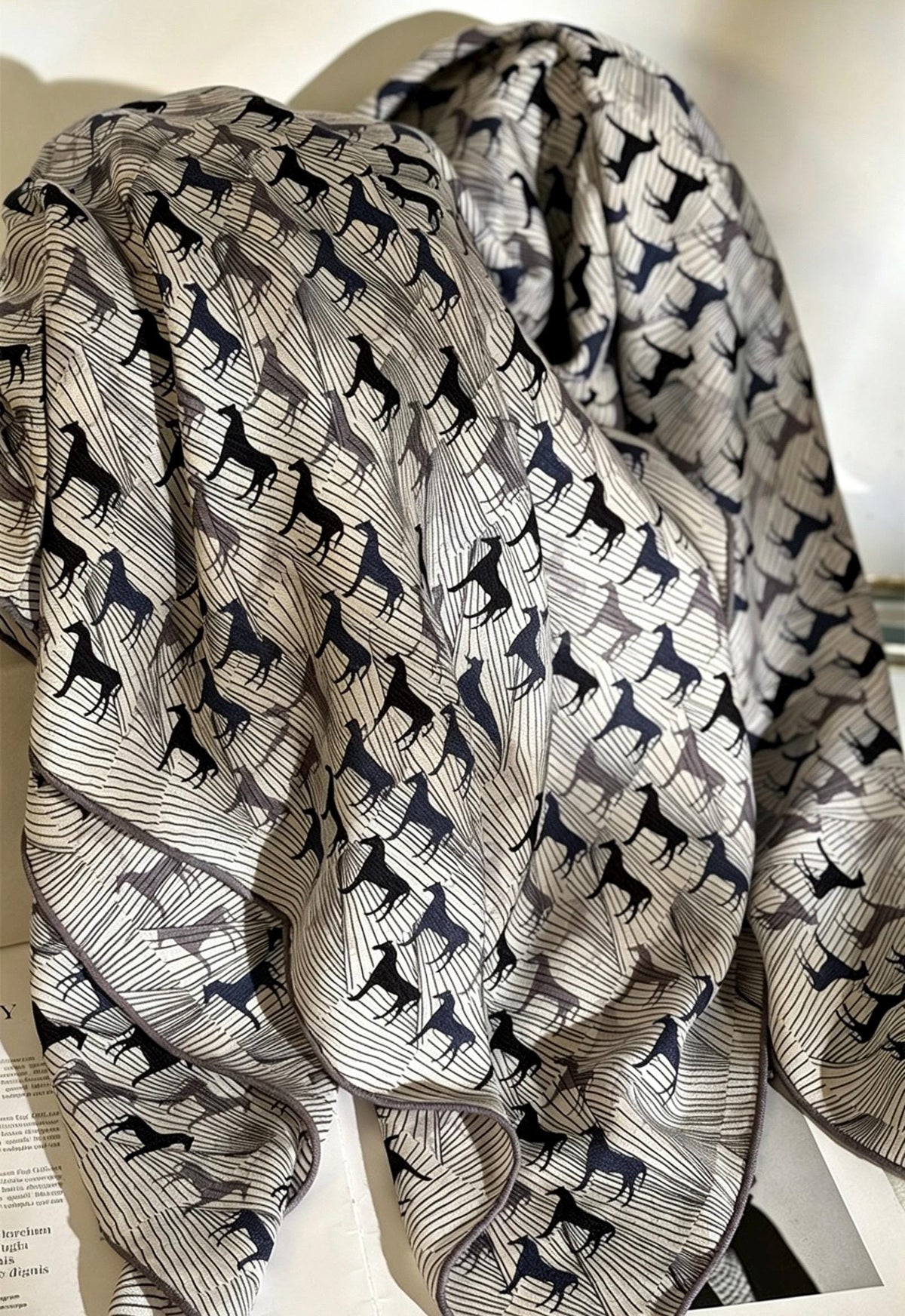 100% Mulberry Silk Scarf 53"x53" 135x135cm, Luxury Gray Equestrian Silk Wool Scarf, Blue Gray Horse Print Shawl, Winter Warm Wrap Gift