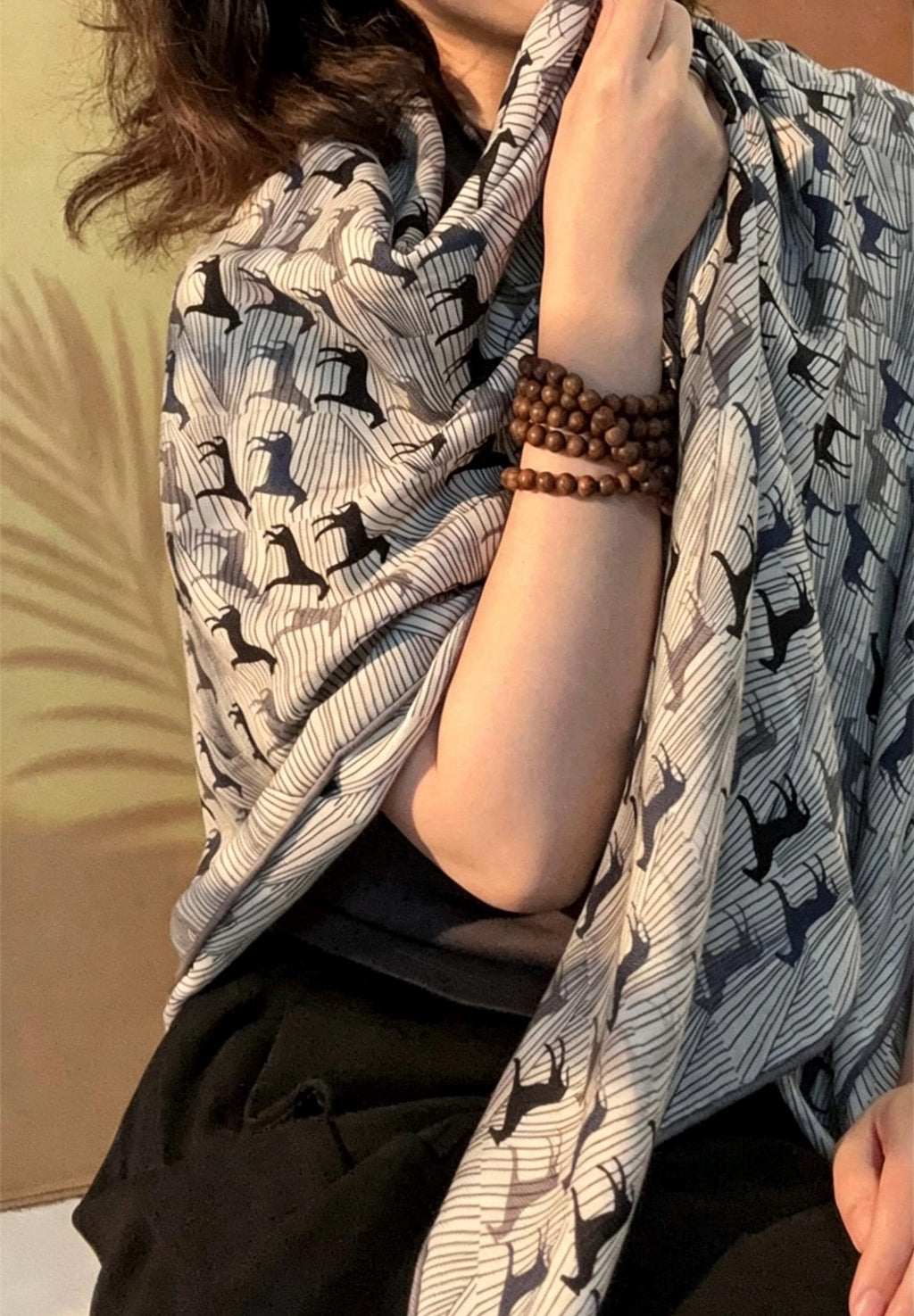 100% Mulberry Silk Scarf 53"x53" 135x135cm, Luxury Gray Equestrian Silk Wool Scarf, Blue Gray Horse Print Shawl, Winter Warm Wrap Gift