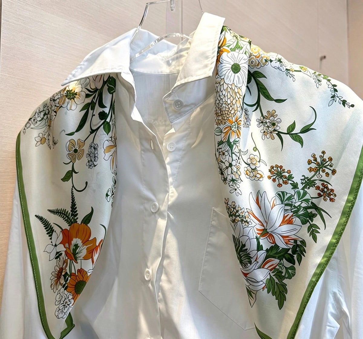 100% Mulberry Silk Scarf 26”x26” 65x65 cm Greenery Floral Silk Square Neck Scarf, Elegant Summer Silk Hair Wrap, Luxury Gift for Her