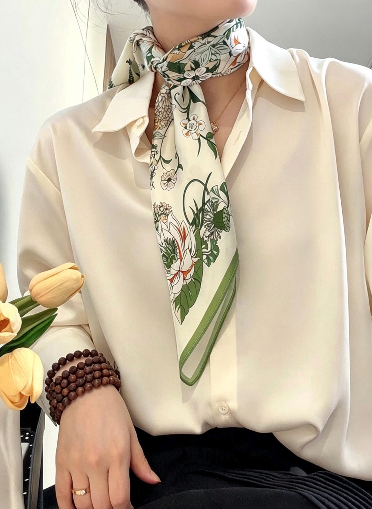 100% Mulberry Silk Scarf 26”x26” 65x65 cm Greenery Floral Silk Square Neck Scarf, Elegant Summer Silk Hair Wrap, Luxury Gift for Her