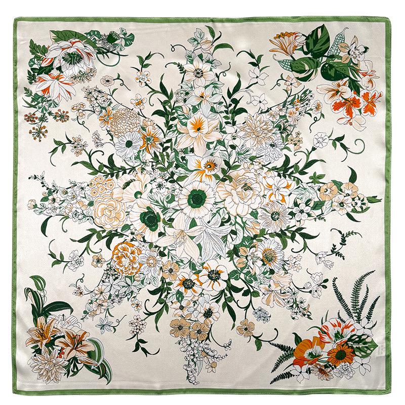 100% Mulberry Silk Scarf 26”x26” 65x65 cm Greenery Floral Silk Square Neck Scarf, Elegant Summer Silk Hair Wrap, Luxury Gift for Her