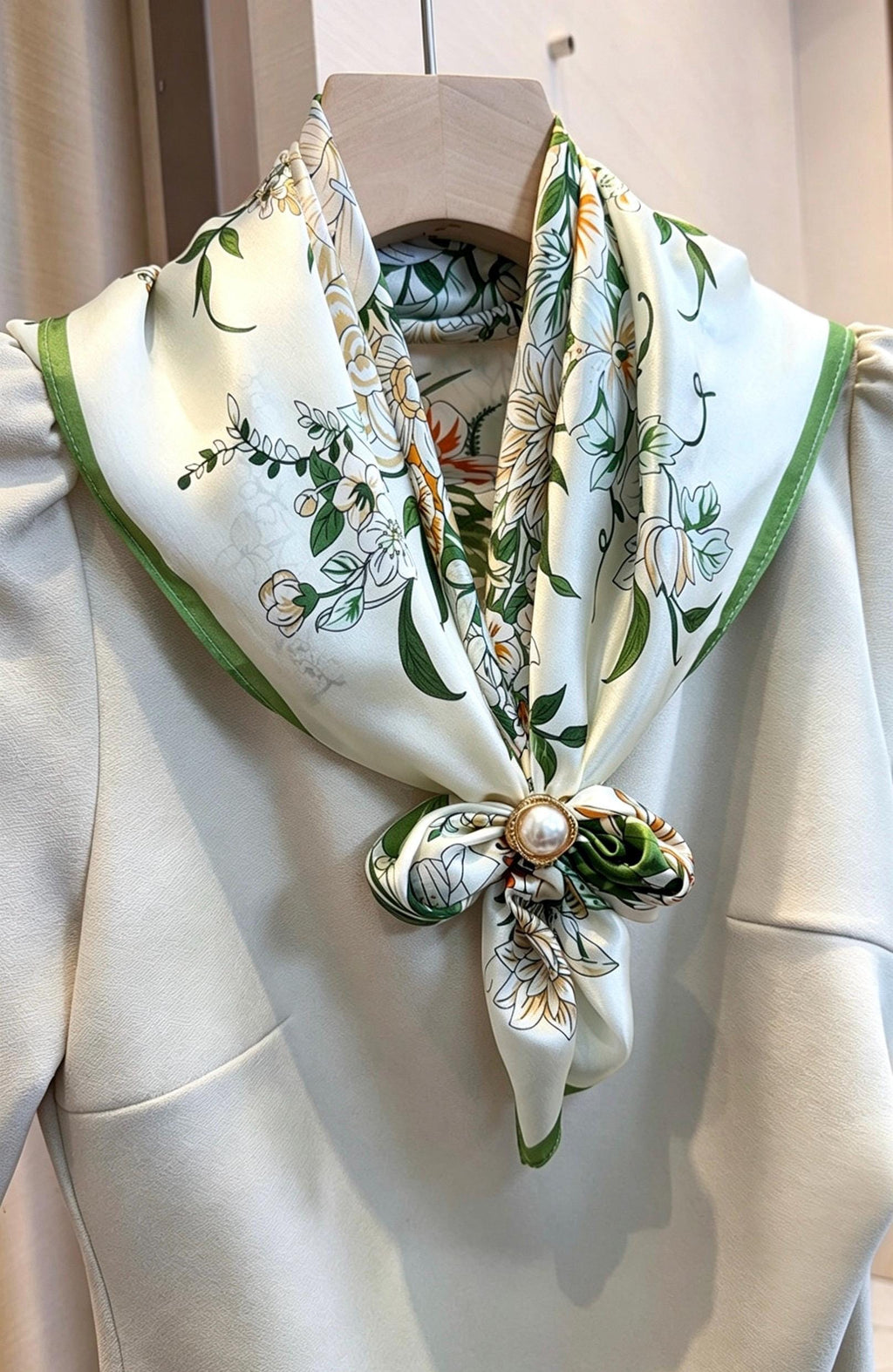 100% Mulberry Silk Scarf 26”x26” 65x65 cm Greenery Floral Silk Square Neck Scarf, Elegant Summer Silk Hair Wrap, Luxury Gift for Her