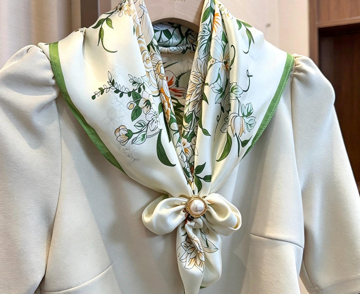 100% Mulberry Silk Scarf 26”x26” 65x65 cm Greenery Floral Silk Square Neck Scarf, Elegant Summer Silk Hair Wrap, Luxury Gift for Her