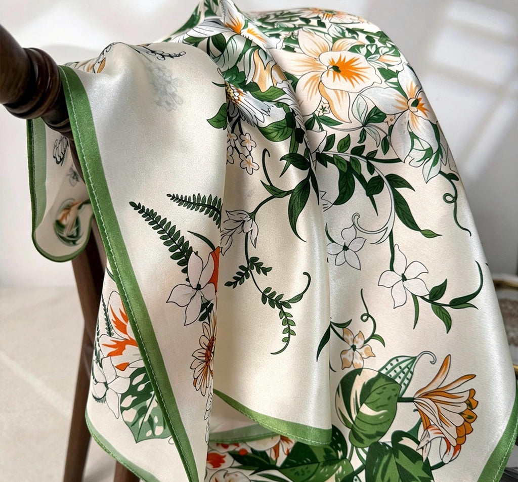 100% Mulberry Silk Scarf 26”x26” 65x65 cm Greenery Floral Silk Square Neck Scarf, Elegant Summer Silk Hair Wrap, Luxury Gift for Her