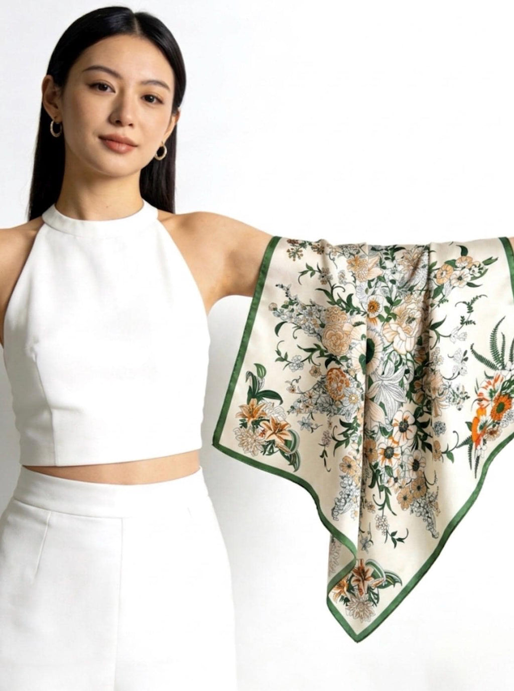 100% Mulberry Silk Scarf 26”x26” 65x65 cm Greenery Floral Silk Square Neck Scarf, Elegant Summer Silk Hair Wrap, Luxury Gift for Her