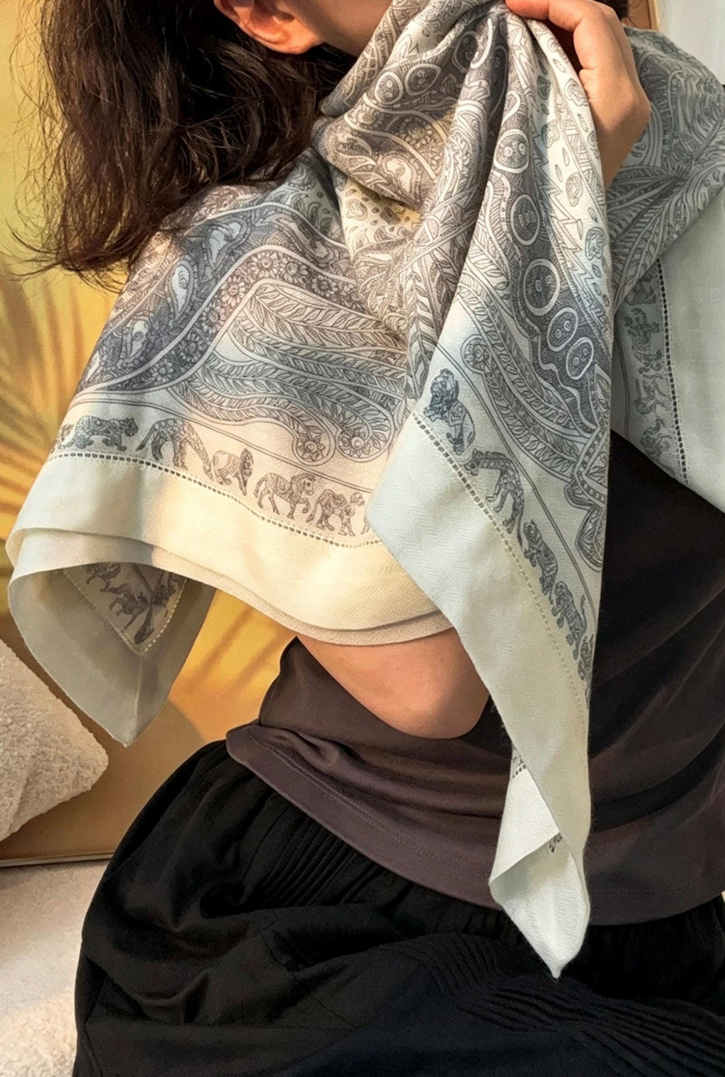 100% Australian Wool Scarf 35"x35" 88x88cm, Luxury Hollow Out Wool Shawl, Elegant Floral Garden Square Scarf, Winter Warm Wrap Gift for Her