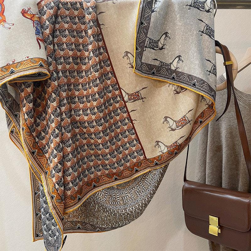 100% Silk Wool Scarf 53"x53" 135x135cm, Luxury Double Sided Two Tone Equestrian Horse Shawl, High-End Herringbone Pattern Large Square Wrap