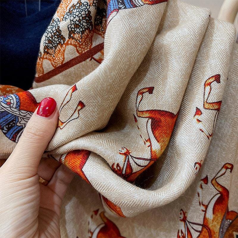 100% Silk Wool Scarf 53"x53" 135x135cm, Luxury Double Sided Two Tone Equestrian Horse Shawl, High-End Herringbone Pattern Large Square Wrap