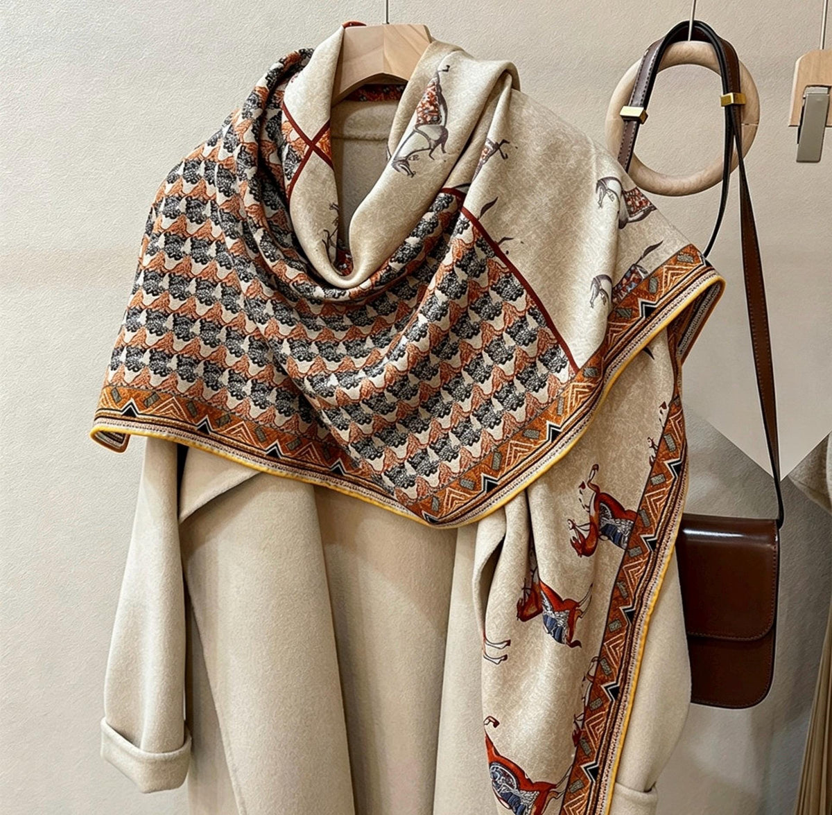 100% Silk Wool Scarf 53"x53" 135x135cm, Luxury Double Sided Two Tone Equestrian Horse Shawl, High-End Herringbone Pattern Large Square Wrap