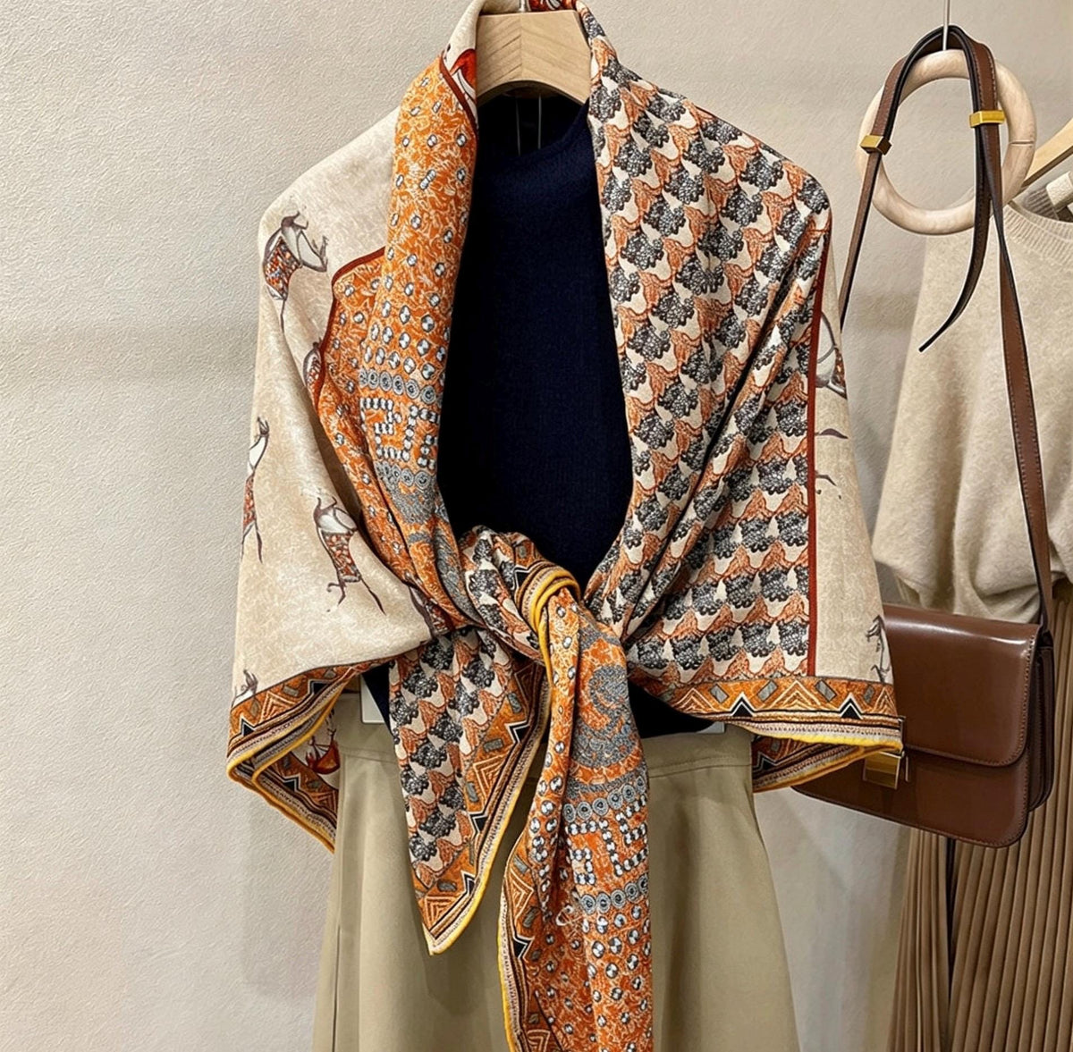 100% Silk Wool Scarf 53"x53" 135x135cm, Luxury Double Sided Two Tone Equestrian Horse Shawl, High-End Herringbone Pattern Large Square Wrap