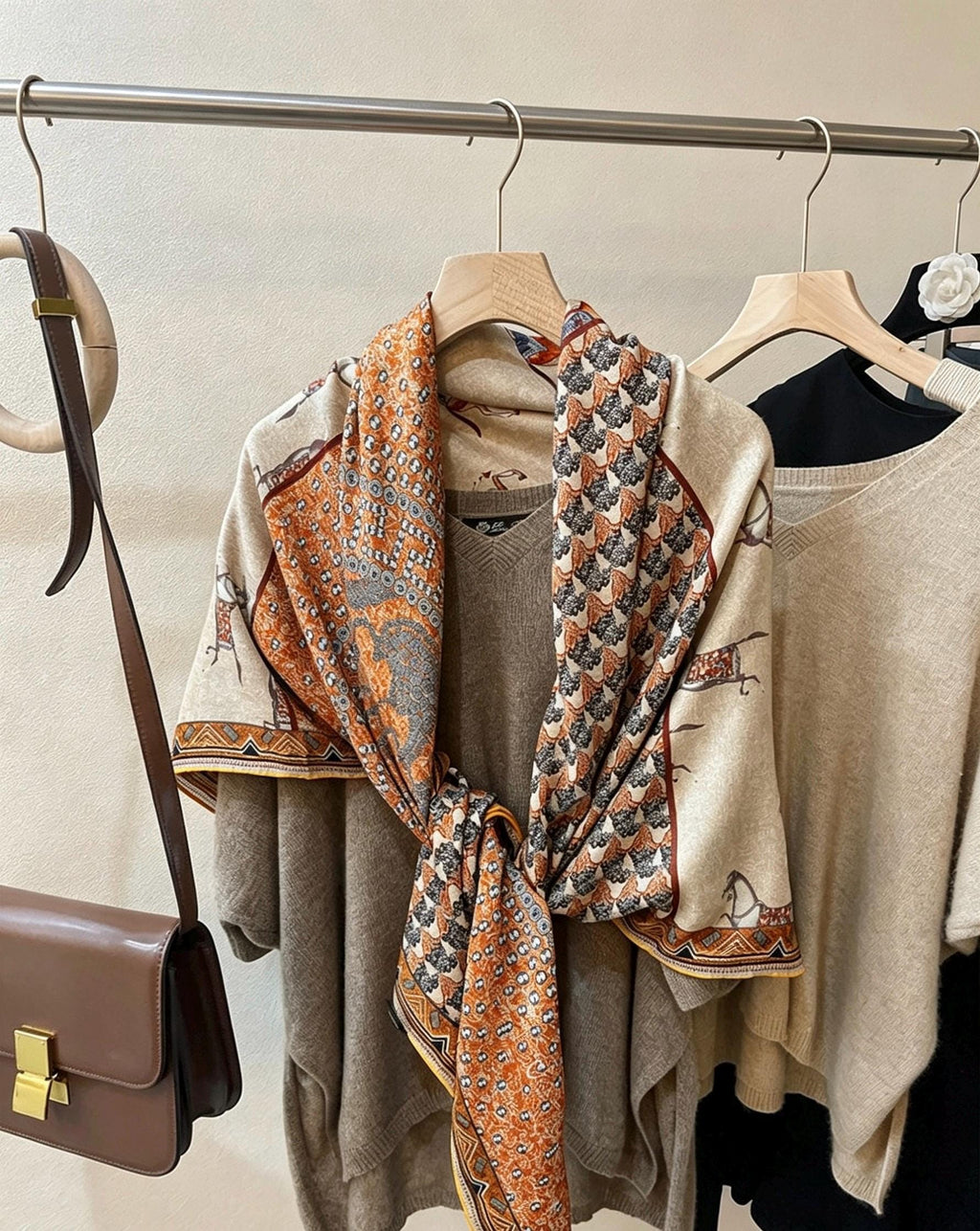 100% Silk Wool Scarf 53"x53" 135x135cm, Luxury Double Sided Two Tone Equestrian Horse Shawl, High-End Herringbone Pattern Large Square Wrap