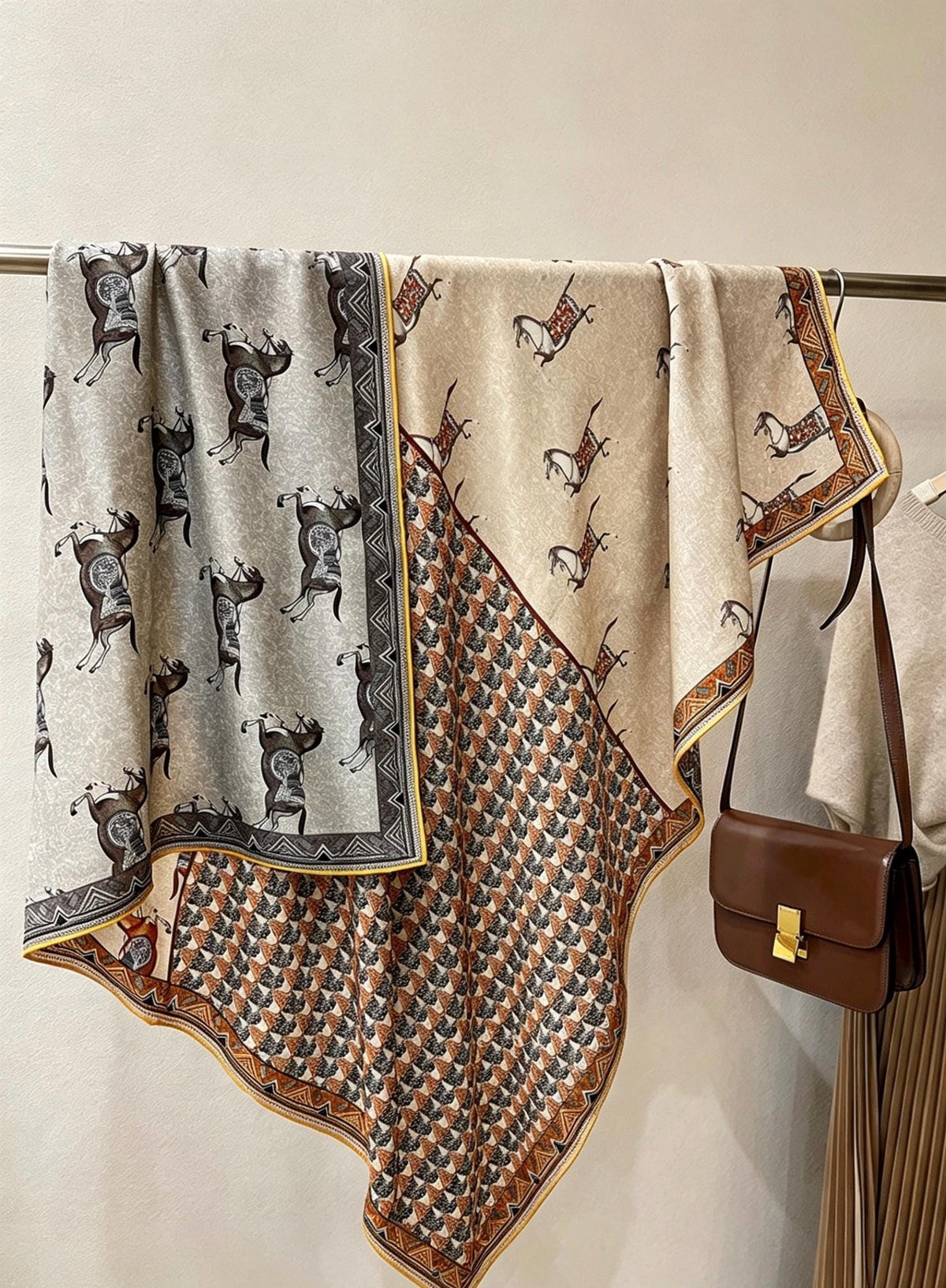 100% Silk Wool Scarf 53"x53" 135x135cm, Luxury Double Sided Two Tone Equestrian Horse Shawl, High-End Herringbone Pattern Large Square Wrap