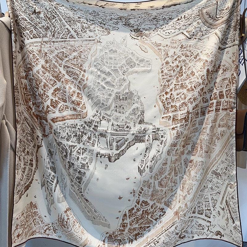 100% Silk Wool Scarf 53"x53" 135x135cm, Luxury Beige Brown Equestrian Horse City Shawl, High-End Summer AC Sunscreen Office Square Wrap