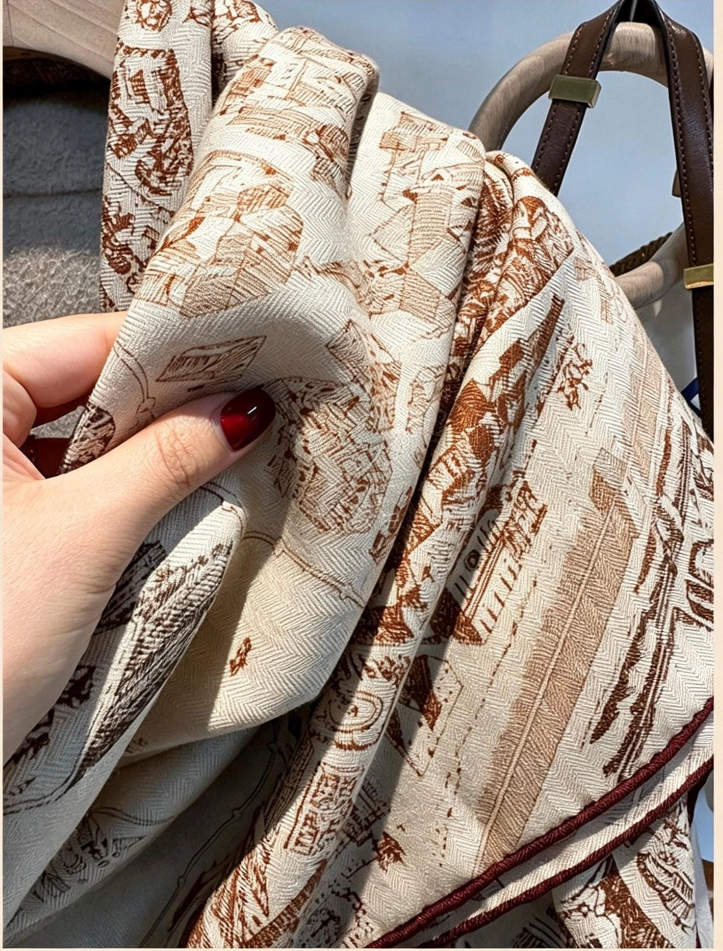 100% Silk Wool Scarf 53"x53" 135x135cm, Luxury Beige Brown Equestrian Horse City Shawl, High-End Summer AC Sunscreen Office Square Wrap