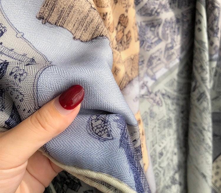 100% Silk Wool Scarf 53"x53" 135x135cm, Luxury Haze Blue Large Square Shawl, High-End Winter Warm Dual Use Wrap for Women