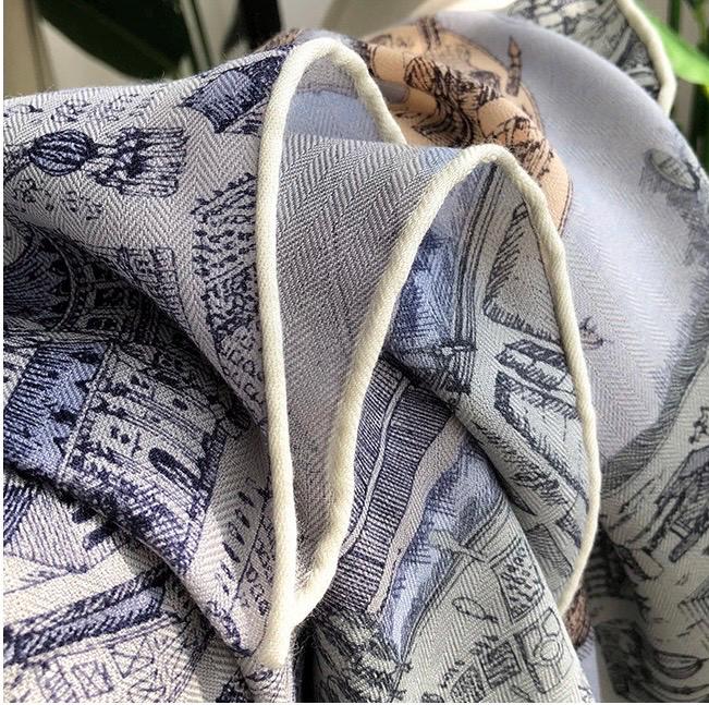 100% Silk Wool Scarf 53"x53" 135x135cm, Luxury Haze Blue Large Square Shawl, High-End Winter Warm Dual Use Wrap for Women